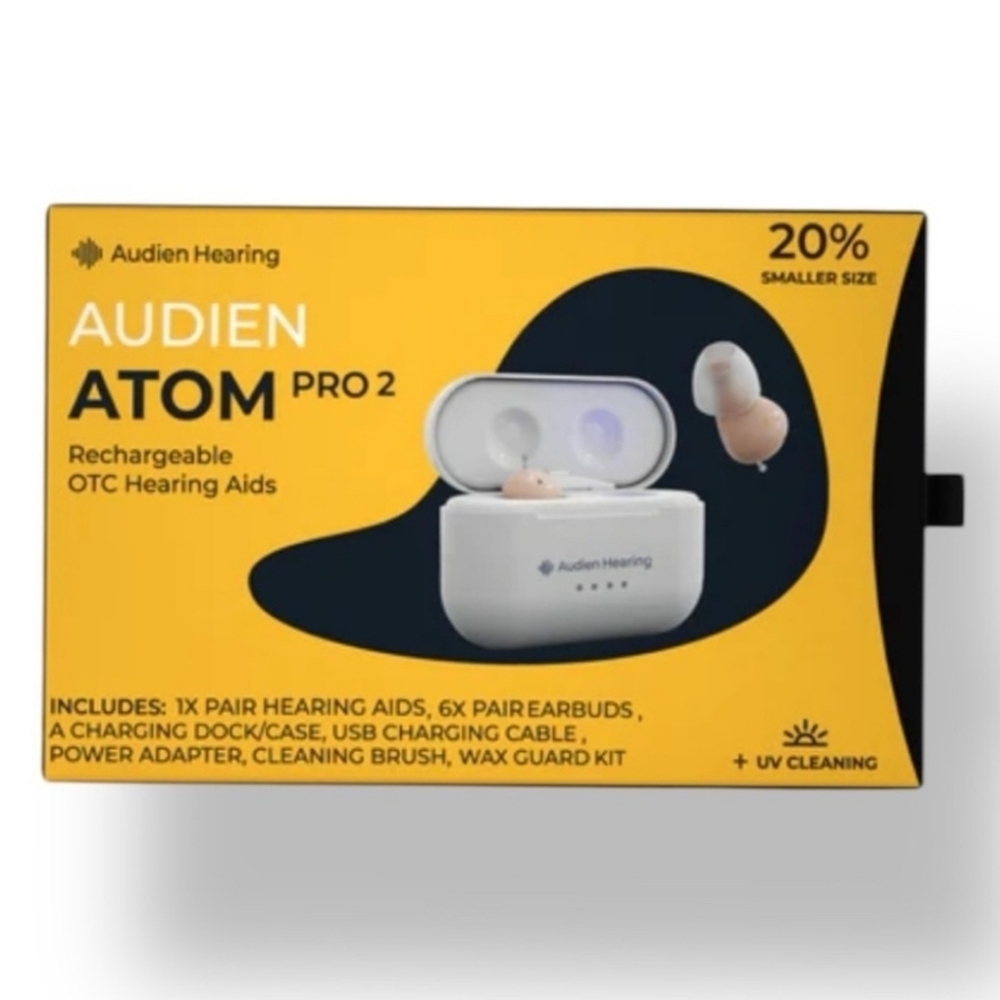 ATOM PRO 2 Rechargeable OTC Hearing Aid 20% Smaller Size NWT New in Box